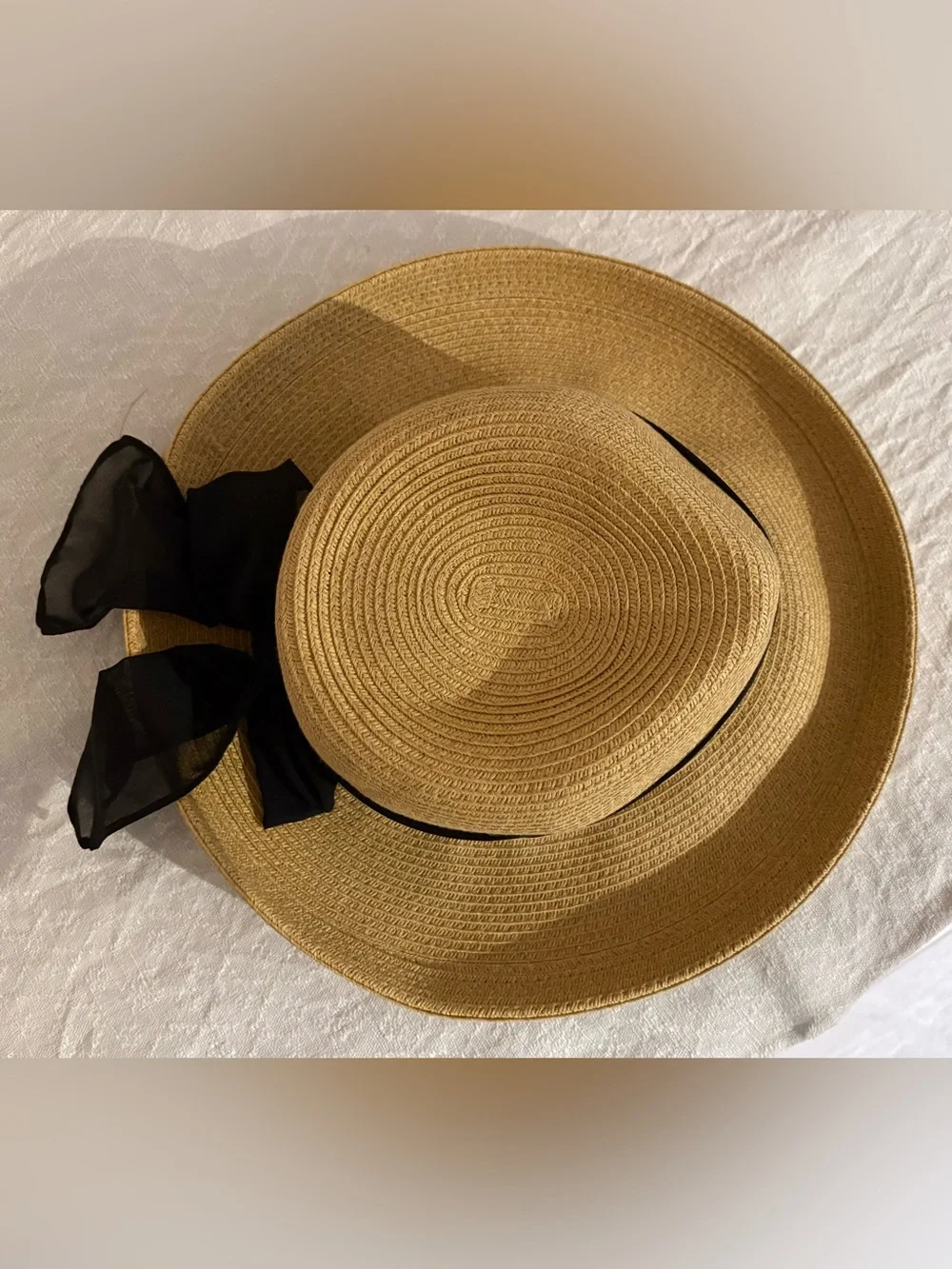 Peter Grimm Tan Straw Sun Hat with Black Ribbon Bow Accent